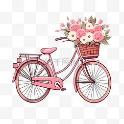 插画风格平面图片_复古粉色自行车与一篮花卡通平面