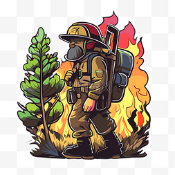 消防员走过燃烧的树木剪贴画的贴