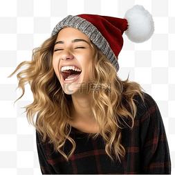 笑着的女人图片_戴着圣诞帽的小女孩在孤立的墙上