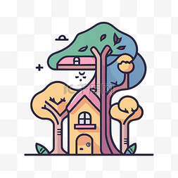 树屋和树木的插画风格插画 向量