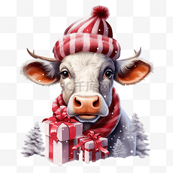 戴帽子的奶牛图片_圣诞快乐卡