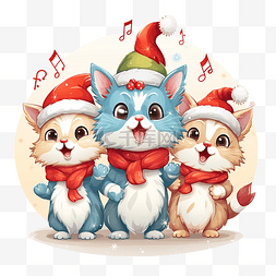 卡通可爱圣诞猫唱歌庆祝