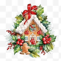 小装饰小玩意图片_圣诞冬青花束与姜饼屋水彩插图