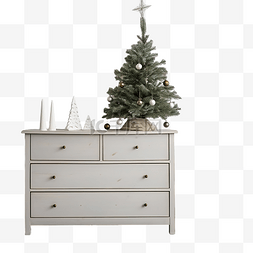 木制抽屉柜上的圣诞树，白色内饰