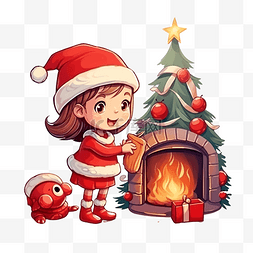壁炉旁一个穿着红裙子戴着圣诞老