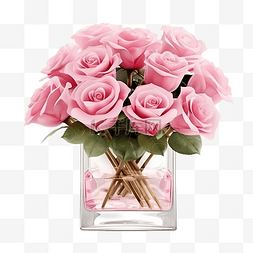 绽放的粉色花瓣图片_花瓶透明背景中的粉色玫瑰花