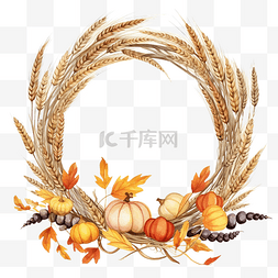 水彩秋天花环，有小麦南瓜和秋叶