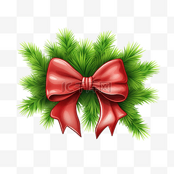 绿色蓬松的云杉树枝和红色圣诞弓