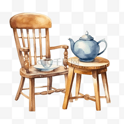 家具木椅图片_水彩木椅和陶瓷茶壶