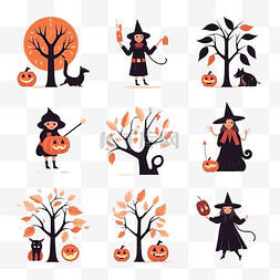 扁平工具包图片_扁平女巫和怪物树万圣节 Instagram 