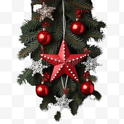 圣诞树枝装饰着玩具红星