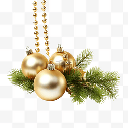 金色圣诞球素材图片_冷杉树枝和金色圣诞球的节日组合