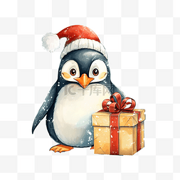 圣诞快乐插画图片_卡通可爱企鹅与礼品盒圣诞快乐插