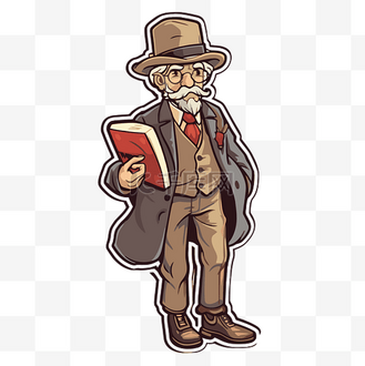 戴着帽子和西装的卡通老人拿着一本书 向量