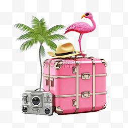 带行李离开图片_夏季旅行，带粉色手提箱太阳镜冲