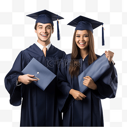 穿着毕业礼服拿着文凭的快乐微笑