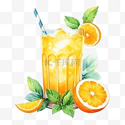 手绘夏季饮料图片_橙汁夏季饮料组合物水彩