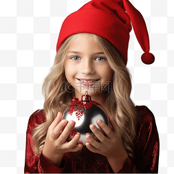 美女年轻图片_戴着圣诞帽的女孩拿着圣诞装饰品