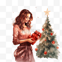 模糊房间图片_快乐美丽的女孩站在节日圣诞树旁