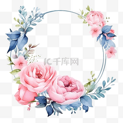 水彩粉红背景图片_粉红玫瑰和牡丹花花束花环，蓝色
