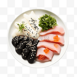 日本料理水彩图片_tako 配 saba 生鱼片和 ikura 以及白芝