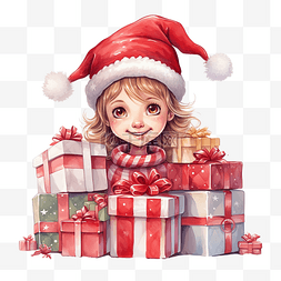 打开的金色礼盒图片_戴着圣诞帽的快乐可爱的女孩拥抱