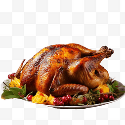 自明亮图片_烤鸡感恩节餐桌配有火鸡，装饰着