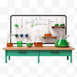 生物实验图片_3d 绿色黑板与烧杯试管科学实验套