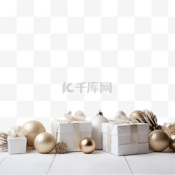 圣诞装饰丝带图片_白色木桌上的圣诞表面，配有礼品