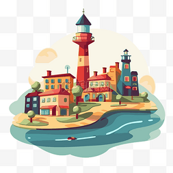 位置剪贴画有灯塔和房屋卡通的岛