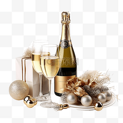一瓶香槟和节日圣诞餐桌上的其他
