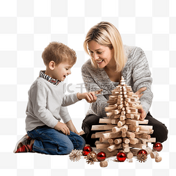 母子用玩具和松枝装饰原木制成的