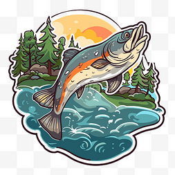 鳟鱼跳过河的图标插图剪贴画 向