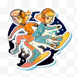 两个卡通女孩骑滑板剪贴画 向量