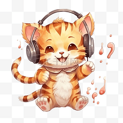 可爱的老虎条纹猫听音乐和跳舞水
