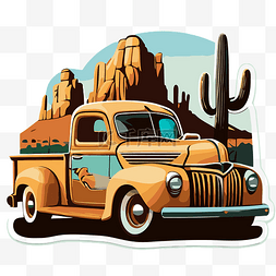 沙漠剪影图片_黄色经典卡车与仙人掌和沙漠景观