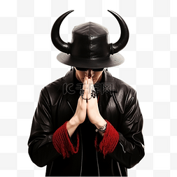 奇怪帽子图片_身穿万圣节黑红服装戴着帽子和角