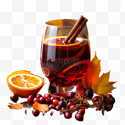 热红酒有机水果秋叶香料在木桌上