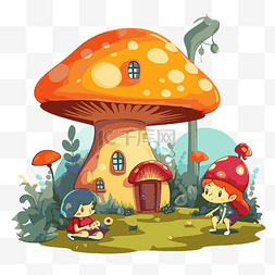 彩色的蘑菇图片_漂亮的剪贴画，两个彩色卡通孩子