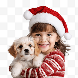 戴着圣诞帽的快乐孩子拥抱小狗