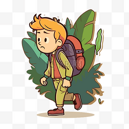 背着背包和植物行走的男孩卡通 