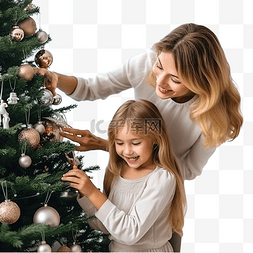 快乐的小女孩在平安夜装饰圣诞树