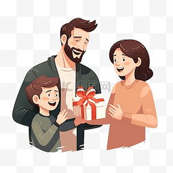 微笑家庭图片_微笑的父母在家里给儿子送圣诞礼