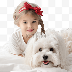女孩与小狗玩耍图片_圣诞节时，头上扎着辫子的漂亮小