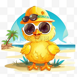 png漫画图片_沙滩上晒日光浴的可爱黄色小鸡卡