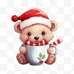 杯子里糖图片_可爱的卡通圣诞熊的插图，戴着红