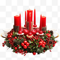 放着花图片_圣诞花环，桌上放着彩色大蜡烛，
