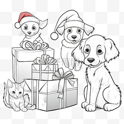 猫与狗卡通图片_卡通狗和猫与圣诞礼物设置着色页