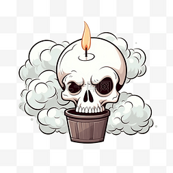 有趣的卡通头骨，蜡烛和烟雾手绘