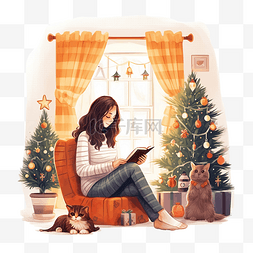 书房家庭图片_舒适的圣诞房间内部，穿着毛衣的